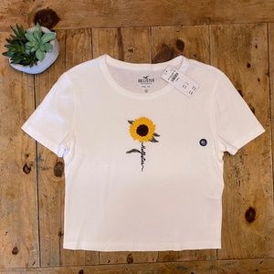 NWT ~ Hollister Baby Tee Crop top T-shirt embroidered Sunflower flower Size XS